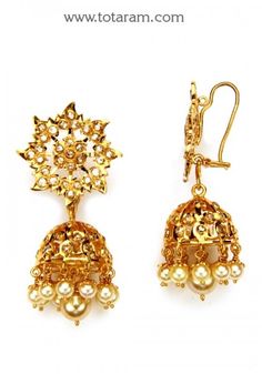 22K Gold Uncut Diamond Jhumkas (Karan Phool) With Japanese Culture & South Sea Pearls - 235-DER744 in 34.450 Grams Gold Jhumkas, Diamond Jhumkas, Indian Gold Jewelry, Gold Temple Jewellery, Antique Gold Jewelry Indian, 22k Gold Jewelry, Gold Jewelry Stores, Antique Gold Jewelry, Gold Earrings Designs