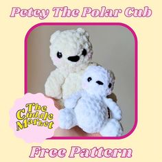 two white teddy bears sitting next to each other on top of a pink and yellow background