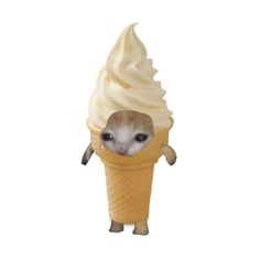 an animal sticking its head out of an ice cream cone that is filled with whipped cream