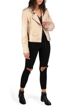 Amp up any outfit with this trendy cropped moto jacket constructed from sheepskin leather with adjustable side buckles and multiple pockets. 18 1/2" length (size Small) Asymmetric zip closure Notched lapels Front zip pockets; flap coin pocket Lined Leather Professional leather clean Imported Chic Asymmetrical Zip Leather Jacket For Fall, Trendy Leather Jacket With Asymmetrical Zip For Fall, Trendy Asymmetrical Leather Jacket For Fall, Fall Leather Jacket With Asymmetrical Zip, Fall Leather Biker Jacket With Asymmetrical Zip, Leather Jacket With Asymmetrical Zip For Fall, Asymmetrical Zip Leather Jacket For Fall, Spring Leather Biker Cropped Jacket, Spring Biker Cropped Leather Jacket