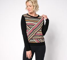 A silky printed panel on the front of this sweater looks phenomenal when paired with a knit back, hem, and sleeves. The contrast is eye-catching for a wow-worthy addition to your wardrobe. From nicole by Nicole Miller. Sweater Looks, Nicole Miller, Medium Long, Long Sleeve Top, Mixed Media, Long Sleeve Tops, Sleeve Top, Top Blouse, Tops & Tees