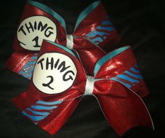 thing 1 thing 2 hair bow with dr seuss and cat in the hat on it