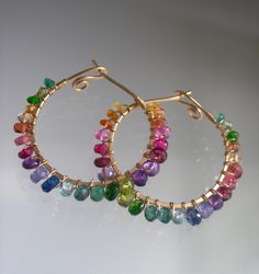 Handmade 14k Gold Hoop Earrings Gift, Gemstone Hoop Earrings Fine Jewelry, Handmade Yellow Gold Hoop Jewelry, Multicolor Multi-stone Hoop Earrings For Anniversary, Anniversary Multicolor Multi-stone Hoop Earrings, Multicolor Multi-stone Hoop Jewelry, Handmade Yellow Gold Hoop Earrings For Anniversary, Multicolor Multi-stone Hoop Earrings As Gift, Gold Hoop Jewelry With Gemstone Accents