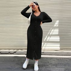 Stay effortlessly stylish with our Plus Size Simple Casual Dress, designed for fall and winter with a flattering slim fit. This one-step long dress features a sleek silhouette that hugs your curves in all the right places, offering a streamlined look that enhances your natural figure. Perfect for casual outings or laid-back days, the dress combines comfort with elegance, making it a versatile wardrobe staple. The soft, cozy fabric provides warmth for cooler months while maintaining a breathable and lightweight feel, so you stay comfortable throughout the day.With its minimalist design, this dress can easily be dressed up or down, whether you're pairing it with sneakers for a relaxed day out or with boots and a scarf for a chic, winter-ready look. The long length adds a touch of sophisticat Casual Dresses With Sneakers, Dresses With Sneakers, Plus Size Casual Dresses, Red Lace Midi Dress, Luxurious Dresses, Ribbed Knit Dress, Long Dress Casual, Vestido Casual, Summer Fashion Outfits