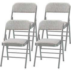 set of four grey metal folding chairs with padded seat cushions and backrests, side view