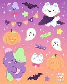 an image of halloween stickers with cats and pumpkins on the side, including bats