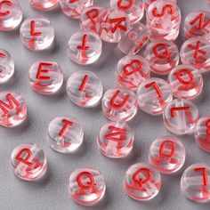 Acrylic letter beads, perfect for your beaded name bracelet, necklace, earrings, and key chains String them on elastic cord with spacer beads to create your own personalized jewelryThis listing is for 7mm alphabet acrylic beads. Quantity: 400 beads Bead Size: 7mm Material: Acrylic Color: Bead-Clear / Letters- Red See additional alphabet beads here httpssearch?search_query=letter+beads&order=date_desc&view_type=gallery&ref=shop_search All of my supplies are stored and packed in a pet-free & smoke Beads Name, Red Letters, Alphabet Beads, Acrylic Letters, Gifts Personalized, Fun Gifts, Letter Beads, Name Bracelet, Resin Beads