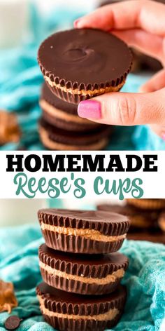 homemade reese's cups are stacked on top of each other with chocolate in the middle