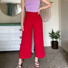 Returning To The Office, Make A Statement With These Cropped Pants! Or Pair With A Sequin Top For A Holiday Party! Model Is 5’3, 123 Lbs, 27 In Waist, 37 In Hips. These Are Ultra High-Rise At 12.5 Inches, With Side Zipper Closure. Black Bell Bottoms, Asymmetric Jumpsuit, Khaki Jeans, Zara Jumpsuit, Culotte Pants, Linen Blend Pants, Wide Leg Cropped Pants, Red Pants, Elastic Waist Pants