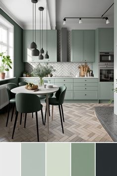 an image of a kitchen with green and gray colors on the walls, flooring and cabinets