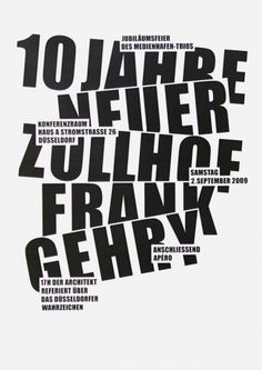 a black and white poster with words written in different languages, including the word'10 jahre nefier zuhlge frank gehr