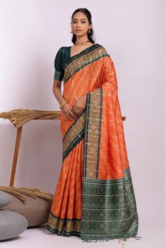 Orange Color Soft Tussar Silk Function Wear Fancy Printed Saree Fancy Print, Color Blouse, Printed Saree, Tussar Silk Saree, Printed Sarees, Silk Sarees, Green Colors, Orange Color, Color Variations