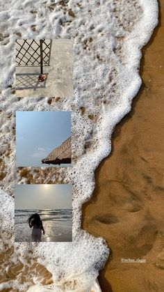 the beach is covered in white foam and has pictures of people walking on it with umbrellas