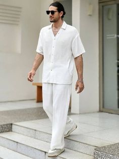 White Two Piece Outfit, White Beach Outfit, White Outfit For Men, White Pants Men