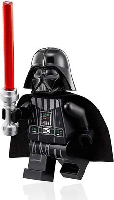 a lego darth vader with a red light