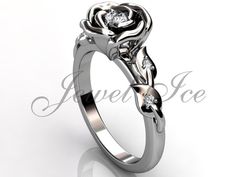 "Enchanted Rose Flower Ring - 14k White Gold Beauty and the Beast Rose Flower Ring, Promise Ring for Women, Anniversary Gift, Floral Ring. White roses often represent purity, innocence, and youthfulness. White roses are associating with young love and eternal loyalty. White roses can also symbolize a new beginning and everlasting love. This flower engagement ring has 5 VS/SI G - color genuine diamonds (1 - 3 mm, 4 - 1.5 mm) with a total weight of approx. 0.16 ct. Approximate dimensions of the to Rose Flower Ring, Beauty And The Beast Rose, Flower Engagement, Enchanted Rose, Flower Engagement Ring, Gold Beauty, Unique Flower, Promise Rings For Her, Rose Ring