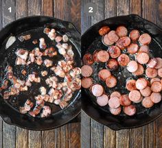 two skillets filled with cooked sausages on top of a wooden table