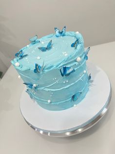 a blue cake with butterflies on it sitting on top of a white plate and silver platter