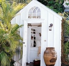 a potted plant sitting in front of a small white shed with an open door