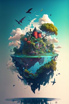 A floating island in the sky, surrounded by wispy clouds and colorful birds. The island is covered in lush vegetation and dotted with intricate architecture that blends seamlessly with the natural surroundings. Island In The Sky, Wispy Clouds, Dreamy Artwork, Fantasy Island, Soyut Sanat Tabloları, Art Gallery Wallpaper