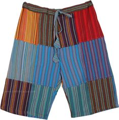 These hand-loomed cotton bermuda shorts are a bright addition to a casual summer wardrobe and are extremely comfortable in the summer heat. The drawstring adds to the ease of wear, comfort and flexibility. These shorts have a large wallet pocket at the back and two inner pockets on the sides. Casual Patchwork Knee-length Bottoms, Casual Knee-length Patchwork Bottoms, Blue Cotton Bermuda Shorts For Summer, Summer Blue Cotton Bermuda Shorts, Summer Cotton Bermuda Shorts For Beach, Multicolor Bermuda Shorts For Beach, Cotton Knee-length Shorts For Vacation, Cotton Knee-length Shorts For The Beach, Beach Knee-length Shorts