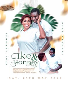 an advertisement for a wedding ceremony with two people in white shirts and green leaves on the background