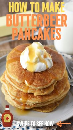 a stack of pancakes topped with butter and syrup