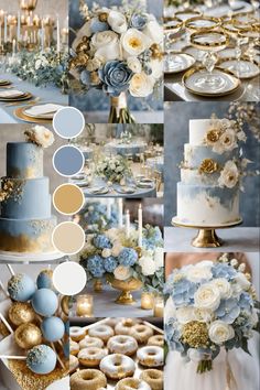 blue and gold wedding color palettes for the bride's cake, cupcakes, flowers, and desserts