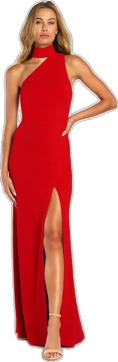 Red Asymmetrical Prom Dress, Red Fitted Asymmetrical Dress, Red Fitted Dress With Side Slits, Fitted Red Dress With Side Slits, Column Skirt, Lulu Fashion, Cutout Maxi Dress, Halter Maxi Dress, Halter Maxi