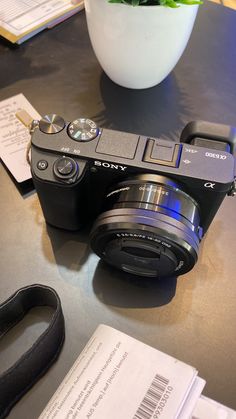 a camera sitting on top of a table next to a potted plant