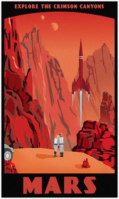 an image of a space travel poster with astronauts on the surface and mountains in the background