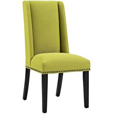 an upholstered chair with black legs and a lime green fabric seat padding