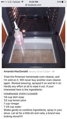 an open oven door with a pink bottle in the middle and instructions on how to clean it