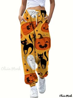 Olivia Mark - Pumpkin Print Halloween Pants, Casual Drawstring Elastic Waist Pants, Women's Clothing Womens Halloween Pajamas, Halloween Jogger Pants, Casual Cotton Halloween Sleepwear, Halloween Pajama Pants, Playful Halloween Sleepwear, Pumpkin Witch, Pumpkin Print, Elastic Waist Pants, Halloween Prints