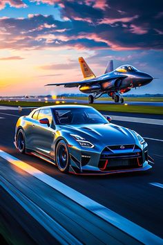 two sports cars driving down the road with an airplane in the sky behind them and another car on the runway