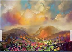 an abstract painting of mountains and clouds in the sky with colorful colors on them,