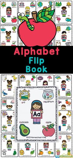 the alphabet flip book with an apple on top and other pictures in front of it