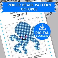 the perler bead pattern octopus is shown in blue and white with an arrow on it