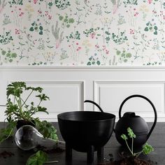 two black kettles sitting on top of a wooden table next to plants and dirt