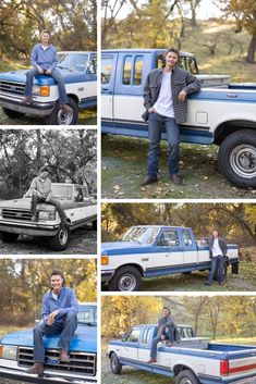 a man sitting on the back of a blue pick up truck