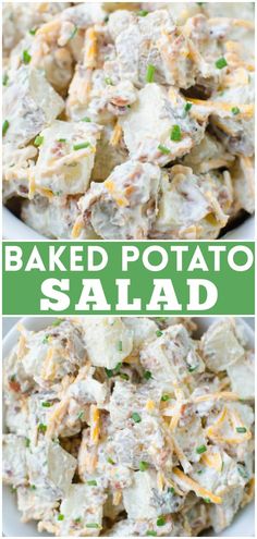 baked potato salad in a white bowl with text overlay