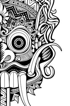 a black and white drawing of a skull with intricate designs on it's face