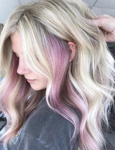 Pop Of Vivid Color Hair, Coloured Hair Underneath Blonde, Pastel Hair Underneath, Peekaboo Color On Natural Hair, Blonde With Fun Colors Underneath, Blond Hair With Fun Colors, Color Peekaboo Hair Blonde, Hidden Colour Hair Blonde, Blonde Hair Color Streaks