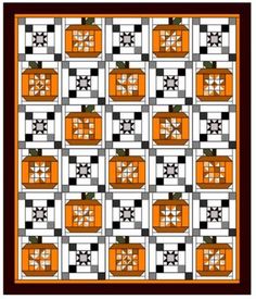 an orange and black quilt with pumpkins on the front, two squares in the middle