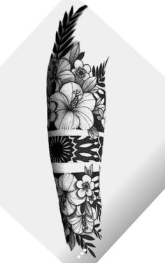 a black and white tattoo with flowers on it