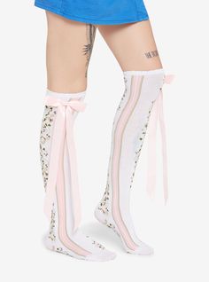 Casual Thigh High Socks For Spring, White Knee-high Stockings For Spring, White Thigh High Socks For Summer, White Thigh-high Socks For Summer, Pink Fitted Knee-high Socks For Spring, White Fitted Knee-high Socks For Summer, Fitted White Knee-high Socks For Summer, Feminine Fitted Stockings For Spring, Pink Socks For Spring