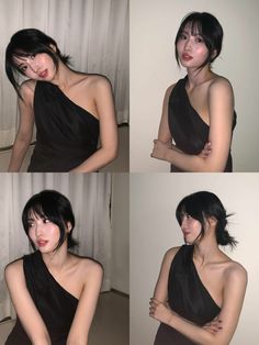 four different pictures of a woman in a black dress with her arms crossed and looking at the camera