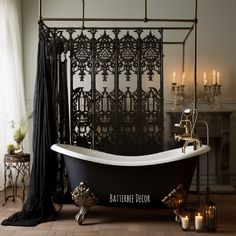 Black and white clawfoot tub.  Blace lace curtain surrounding the tub.  Candelabras in the background. Victorian Gothic Bathroom, Gothic Tiny House, Gothic Bathroom Ideas, Goth Bathroom, Victorian Gothic Home Decor, Victorian Gothic Decor, Gothic Homes, Morgantown West Virginia