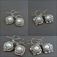 four different pictures of earrings with beads and pearls on them, all in various shapes and sizes