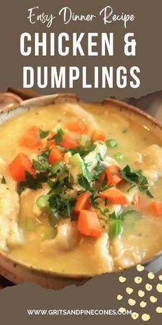 chicken and dumplings in a bowl with text overlay